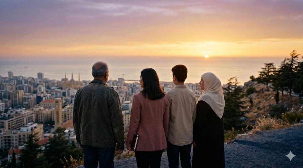 أربعة أشخاص يقفون معًا عند غروب الشمس، يتطلعون نحو مدينة ساحلية والبحر.